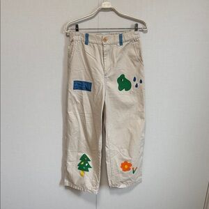 Casual Beige Patchwork Appliqué Pants with Blue, Green & Orange Accents